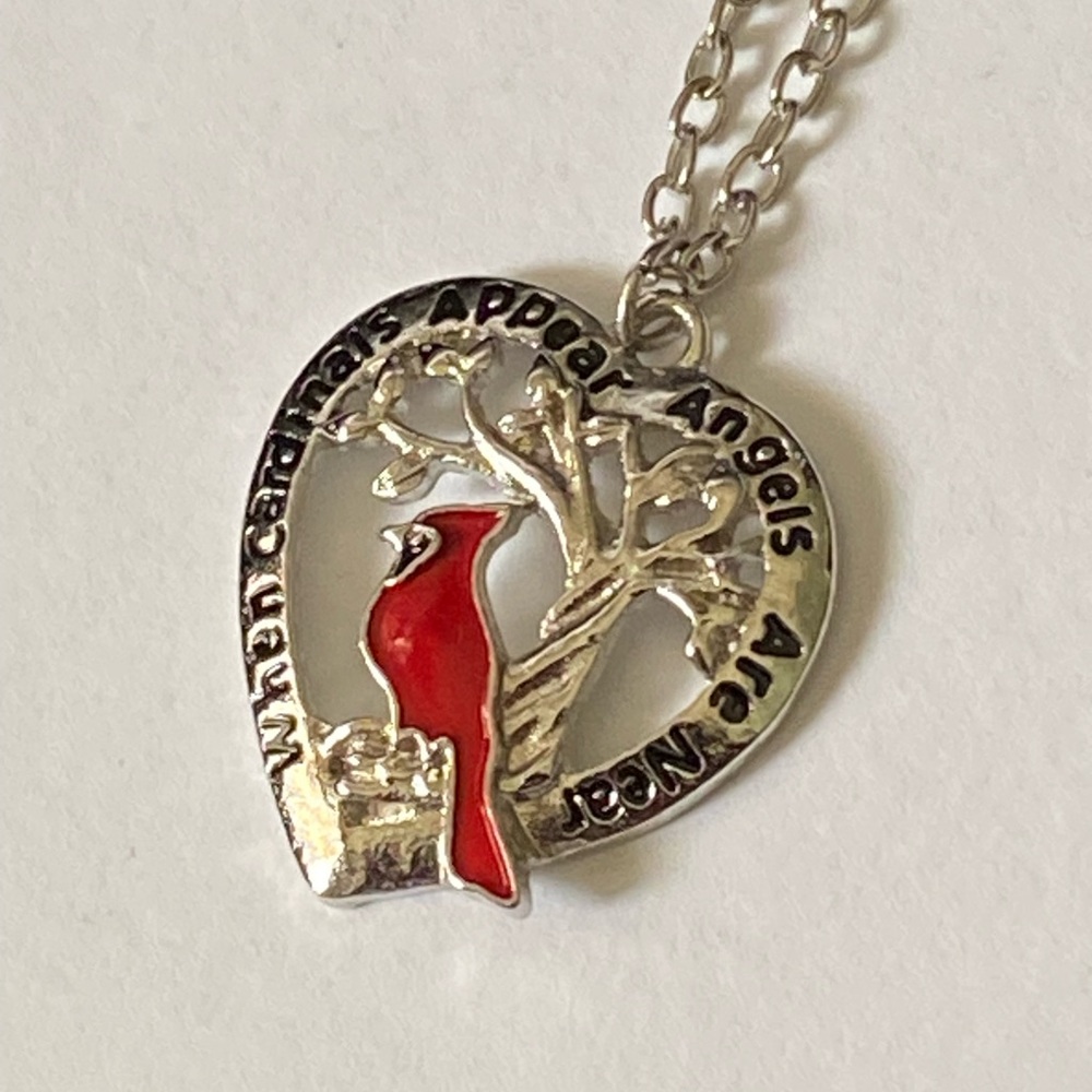 Heart Pendant Necklace with Red Cardinal "WHEN CARDINALS APPEAR ANGELS ARE NEAR"